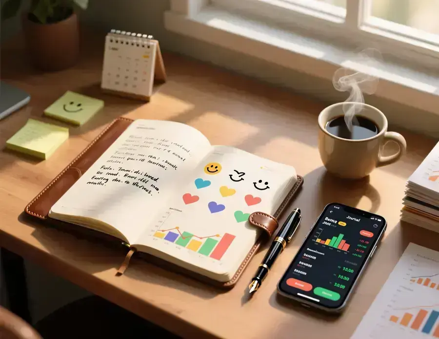 Cuaderno de journaling emocional para registro de apuestas deportivas con notas y gr&aacute;ficos