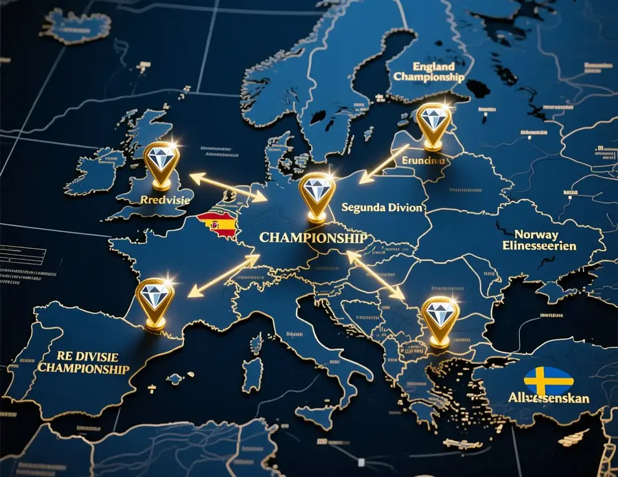 Mapa de Europa destacando ligas infravaloradas: Eredivisie, Championship, Segunda Divisi&oacute;n y ligas n&oacute;rdicas