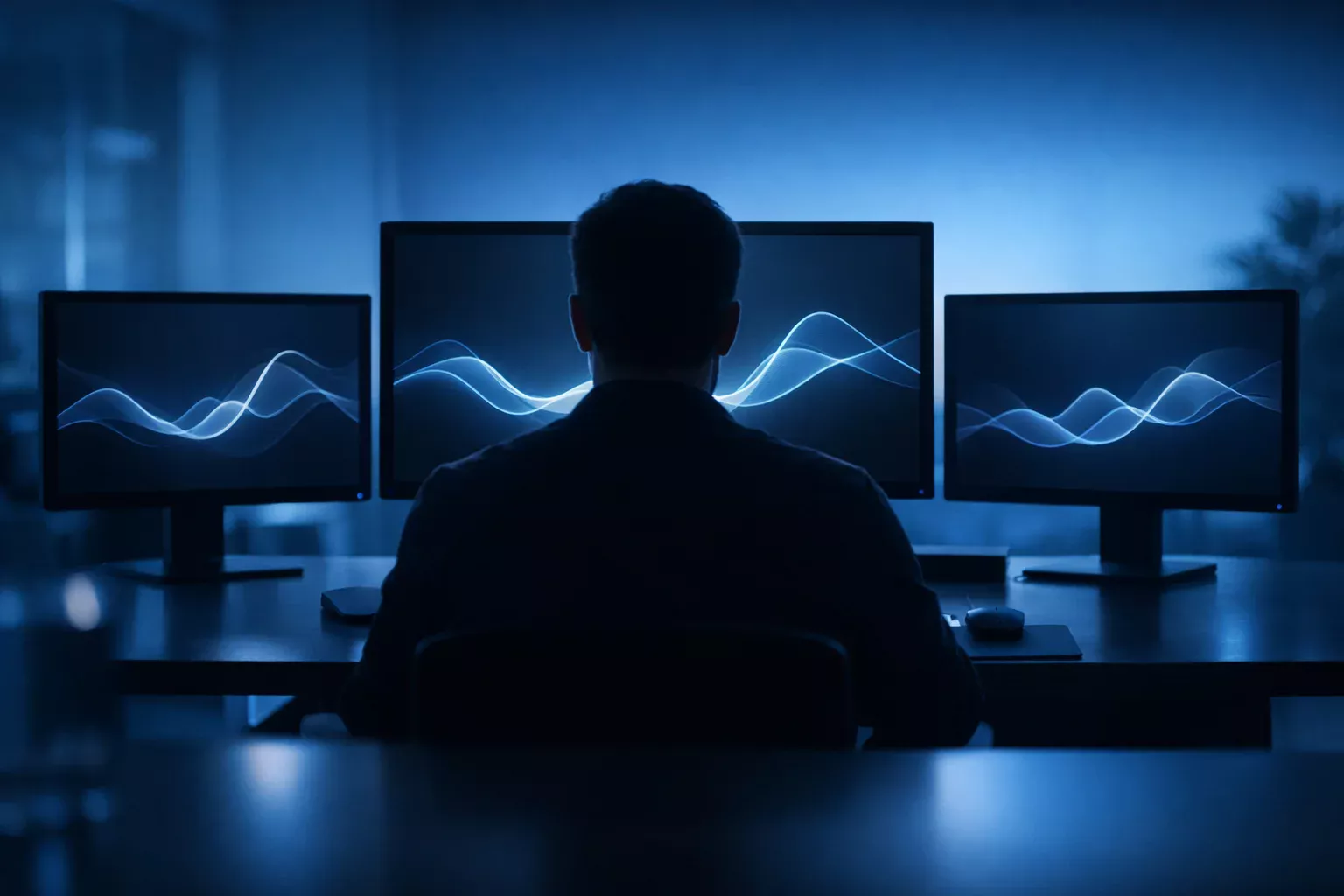 Persona mirando m&uacute;ltiples pantallas de ordenador con gr&aacute;ficos de l&iacute;neas ascendentes y descendentes