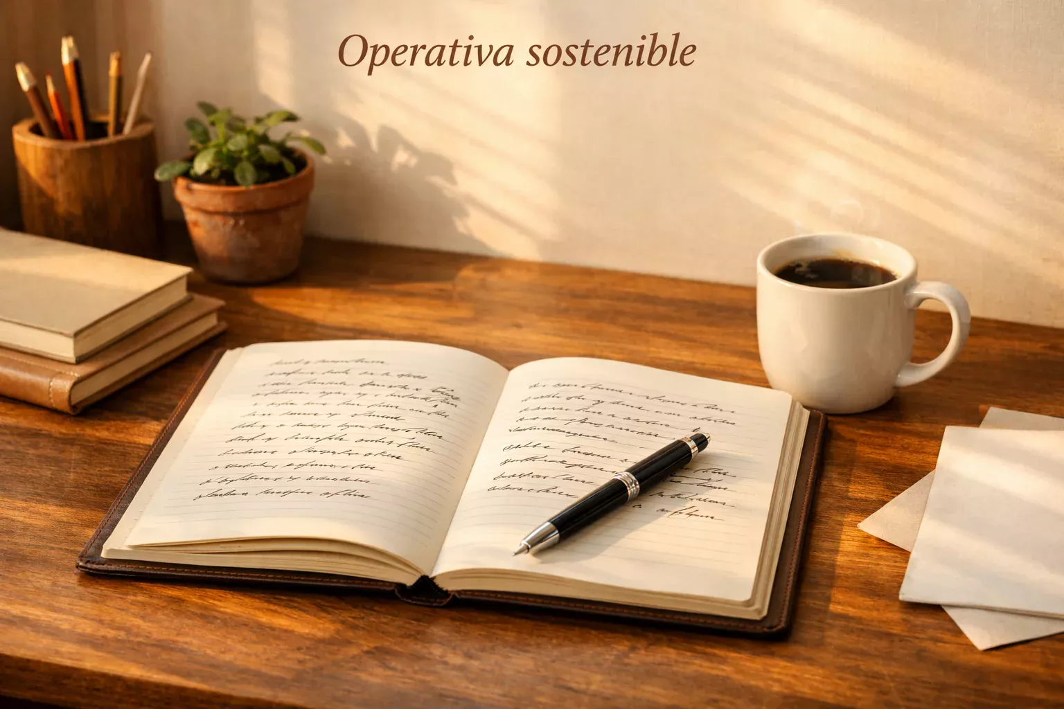 Escritorio organizado con cuaderno, bol&iacute;grafo y taza de caf&eacute; bajo luz c&aacute;lida