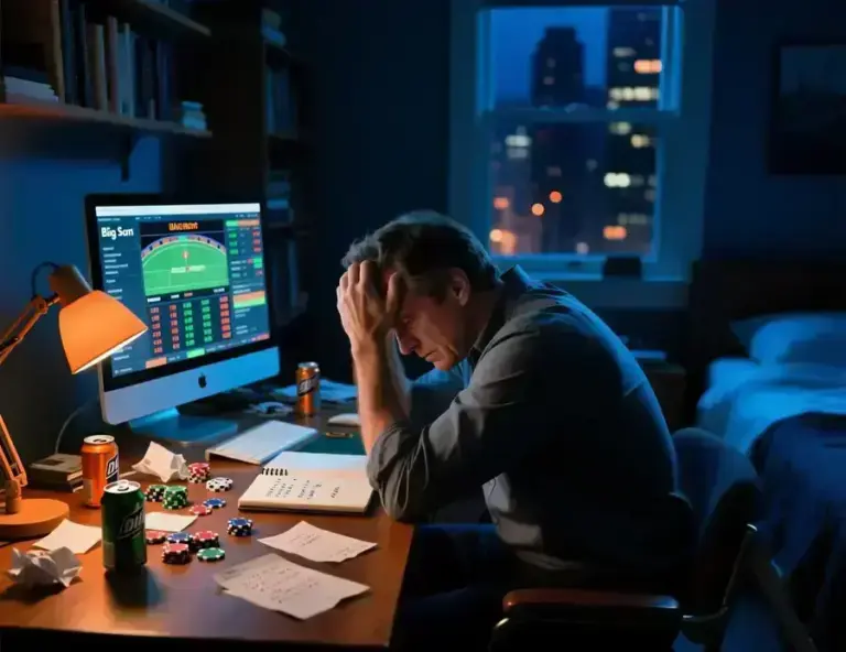 Apostador profesional frente al ordenador experimentando estrés emocional durante una racha de pérdidas en apuestas deportivas