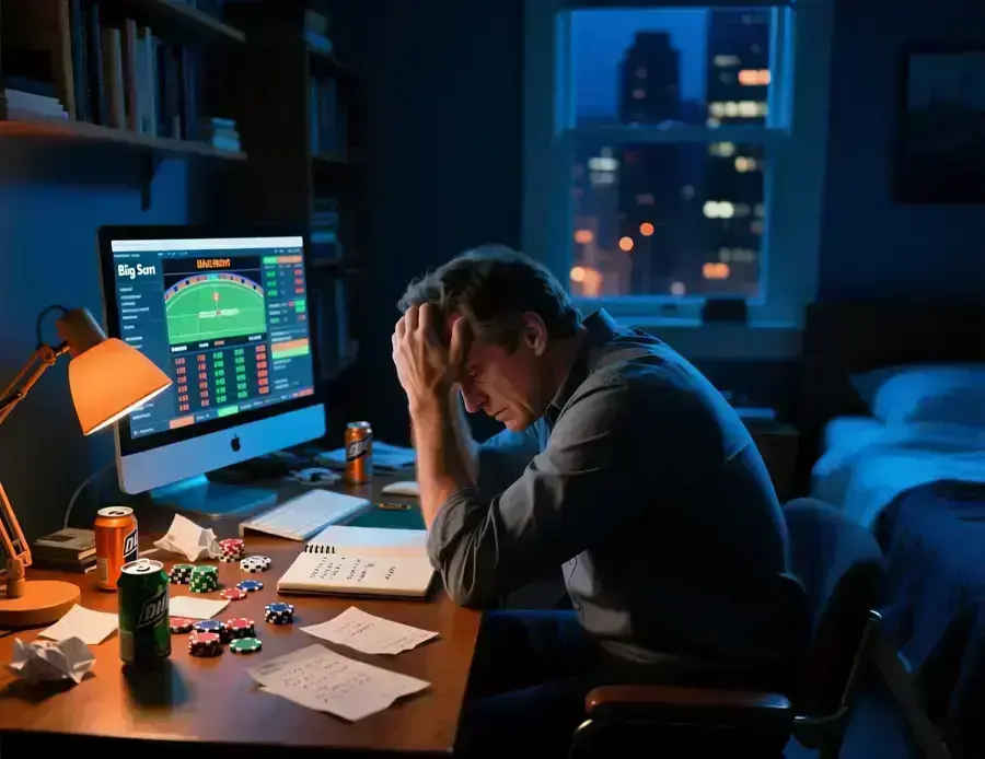 Apostador profesional frente al ordenador experimentando estrés emocional durante una racha de pérdidas en apuestas deportivas