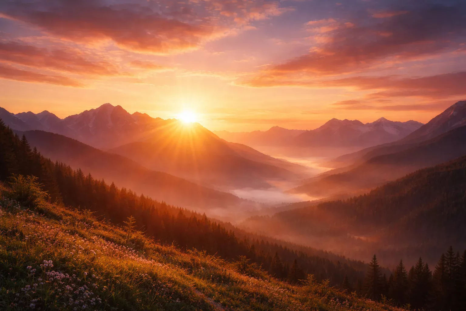 Amanecer sobre un horizonte monta&ntilde;oso con tonos c&aacute;lidos y esperanzadores
